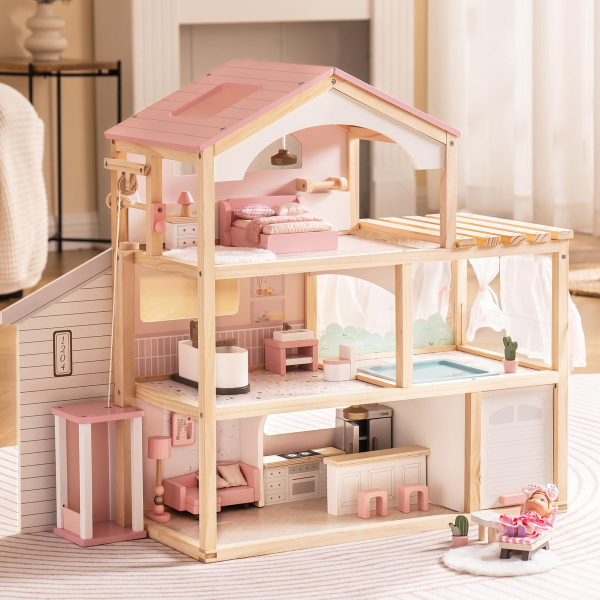 ROBUD three-story wooden dollhouse with pink roof and natural wood frame showing furnished interior rooms