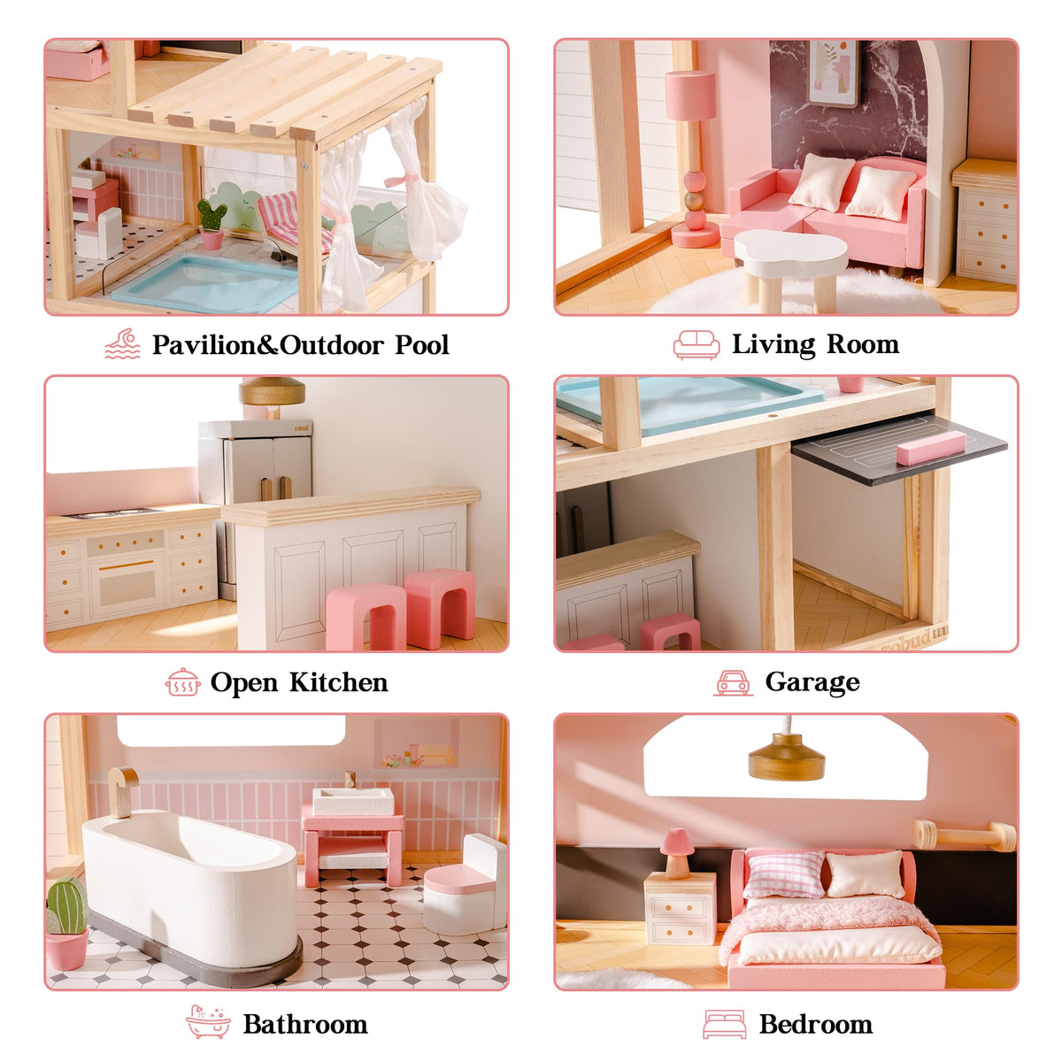 Robud wooden dollhouse room breakdown grid showing pavilion pool, living room, open kitchen, garage, bathroom and bedroom compartments with labels