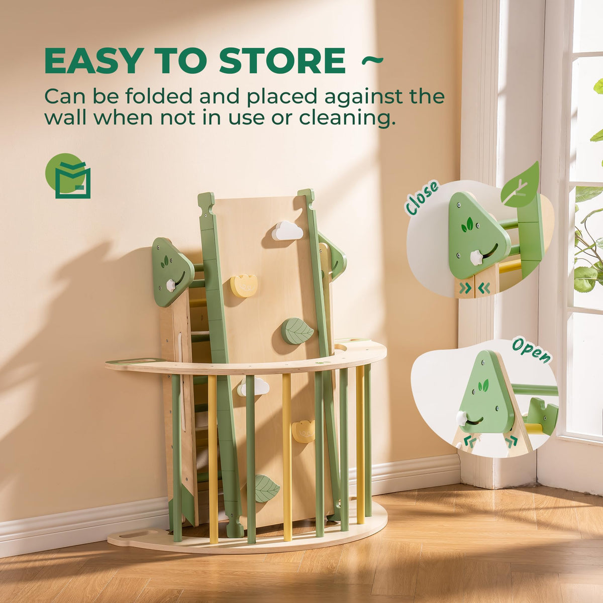 ROBUD green dinosaur climbing set easy-to-store feature showing the wooden frame folded flat against a white wall