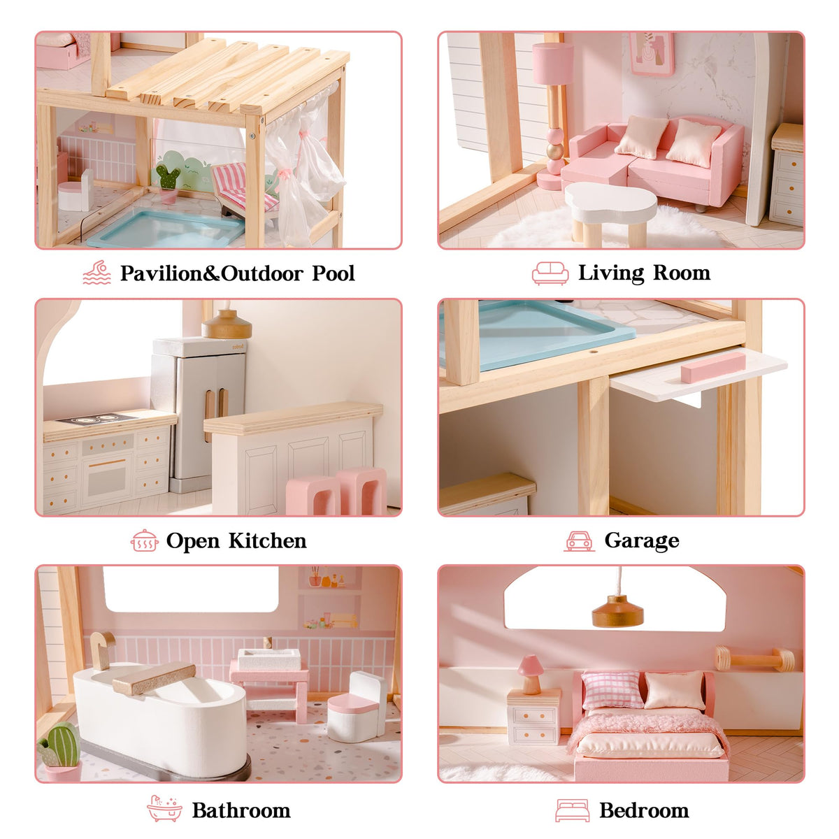 ROBUD wooden dollhouse room layout diagram showing pavilion, outdoor pool, living room, open kitchen, garage, bathroom and bedroom