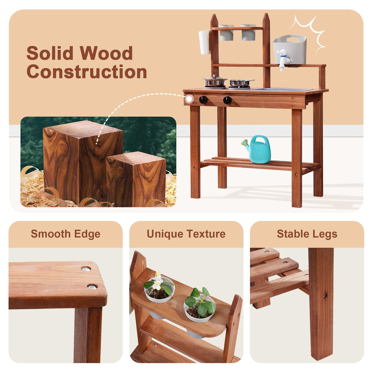 Robud solid wood outdoor mud kitchen construction detail showing smooth edges, unique wood texture and stable legs with close-up panels and full unit view