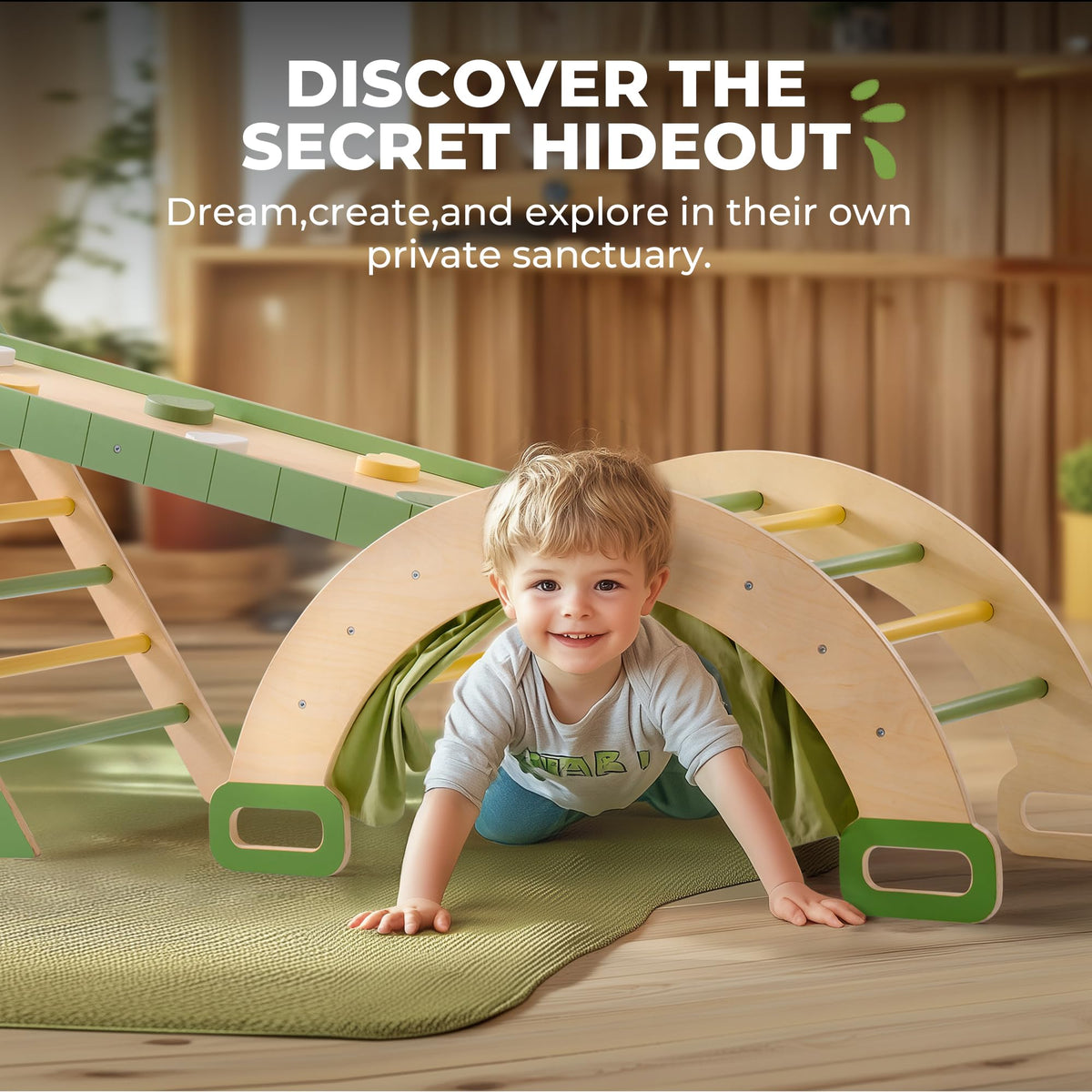 Robud toddler climbing toy set, feature callouts and dimensions
