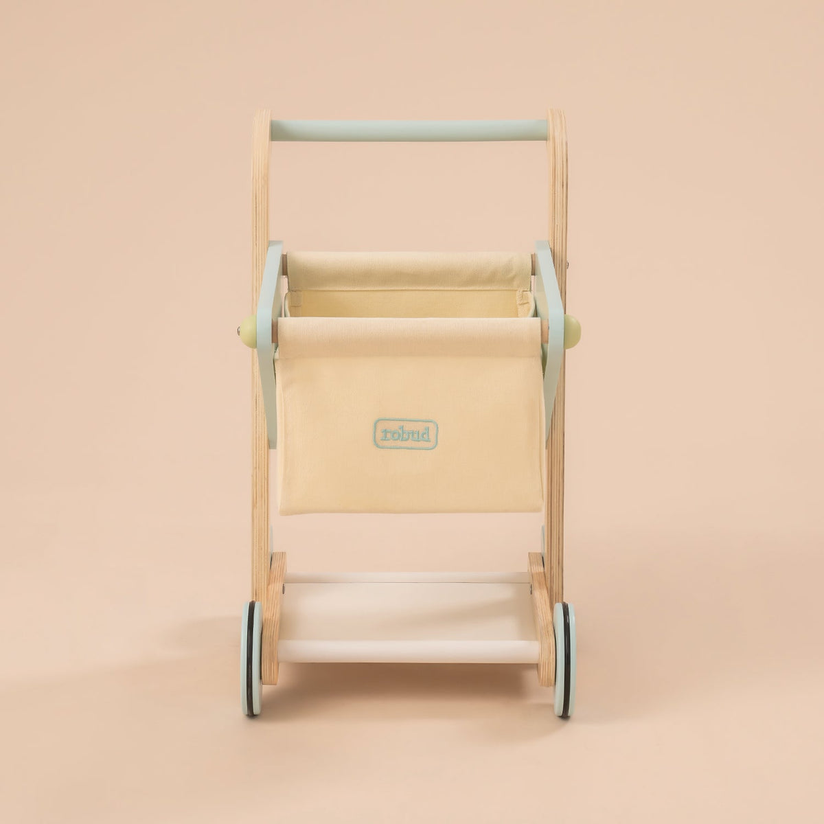 ROBUD wooden baby push walker WRP02 rear view showing natural wood frame, cream canvas bag and mint green wheels