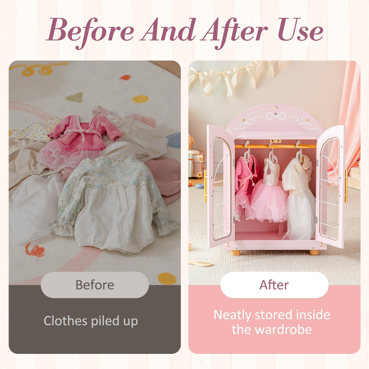ROBUD doll wardrobe before-and-after showing clothes pile transformed into neatly hung outfits inside the pink cabinet.