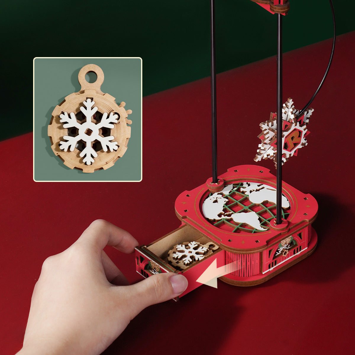 ROKR Santa on Skis Pendulum Balance Toy 3D Puzzle MCD06 3D wooden puzzle model, top-down view of layout and arrangement