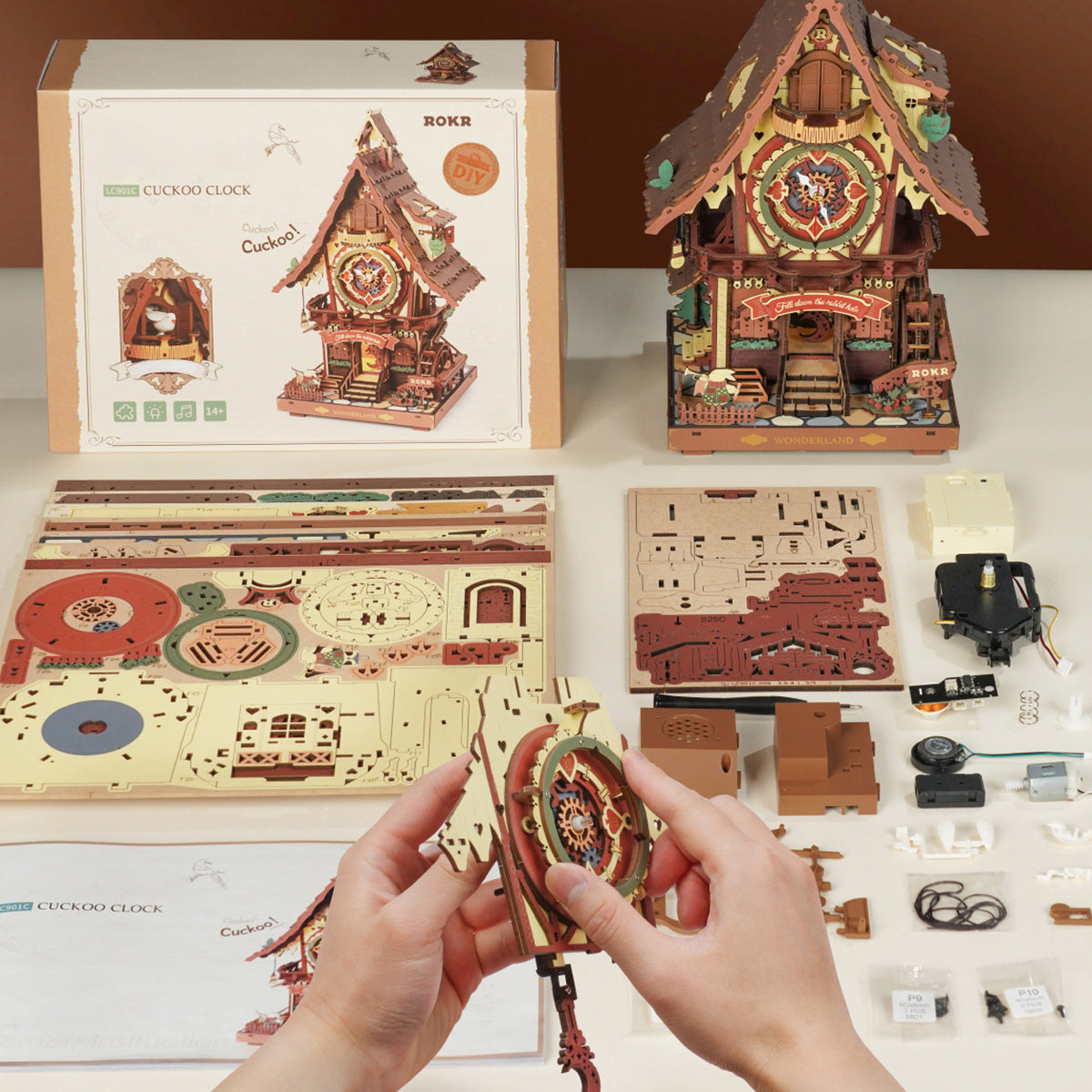 ROKR Cuckoo Clock Mechanical 3D Wooden Puzzle, mechanical cuckoo clock 3D wooden puzzle, styled photo