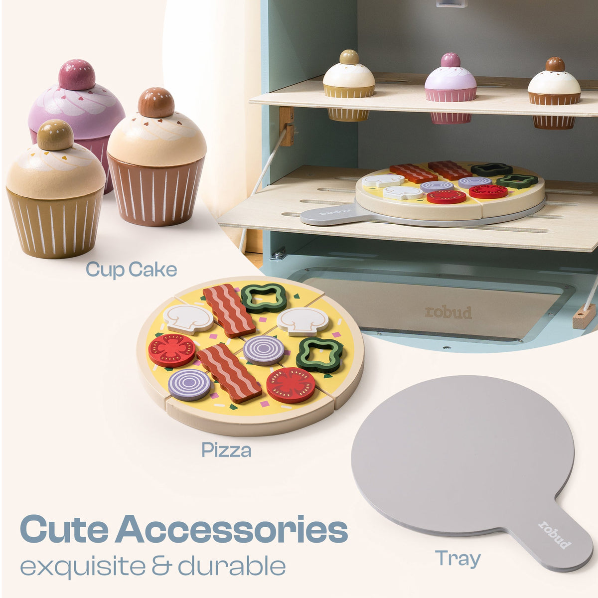 Robud play oven cute accessories panel showing wooden cupcakes, pizza and baking tray in detail