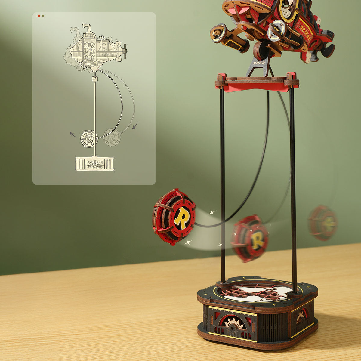 ROKR Deep-Sea Adventurer MCD04 dynamic balance ornament infographic showing the submarine swinging on a pendulum stand with counterweight disk