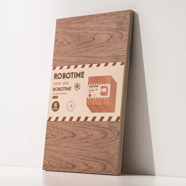 Robotime plywood sheet for laser cutting close-up showing smooth surface, consistent grain, and straight edge of birch wood panel