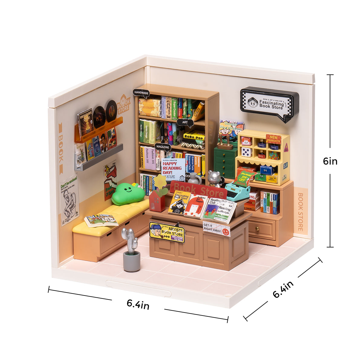 Rolife Super Creator Fascinating Book Store DW004 DIY book nook miniature kit, completed model displayed on a shelf