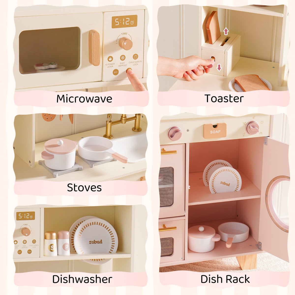 ROBUD Pink Baking Kitchen appliance detail showing microwave, toaster, stoves, dishwasher and dish rack compartments in pink tones