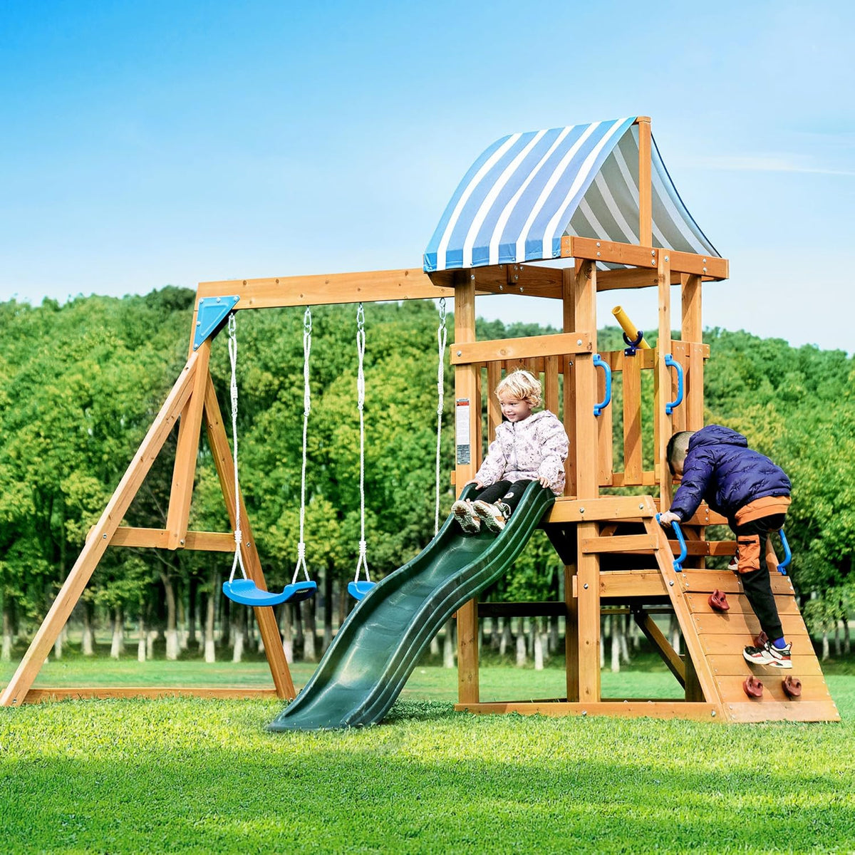 Robud wooden swing set, angled view showing front and side