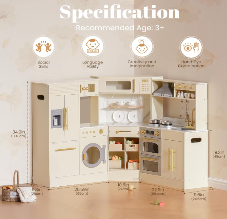 ROBUD Light Luxury Corner Kitchen specification chart showing dimensions and recommended age 3 plus on cream background