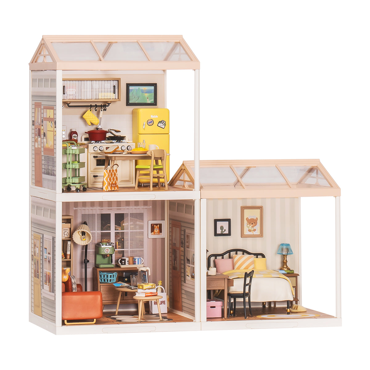 Rolife Super Creator L-shape 3-in-1 miniature dollhouse displaying a sunlit bedroom, cozy living room and book-filled study in pastel tones