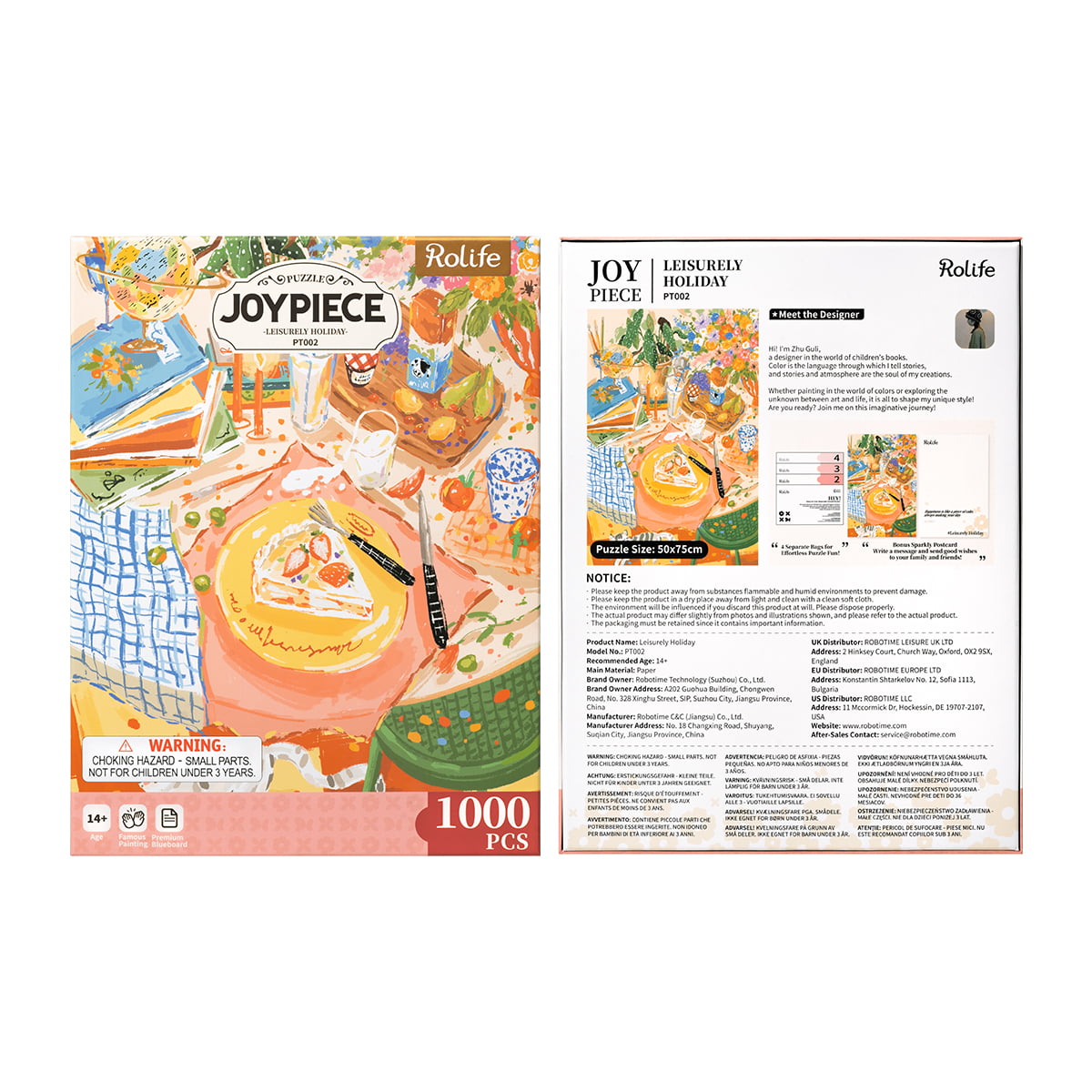 Rolife Leisurely Holiday PT002 Joypiece 1000-piece puzzle retail packaging front and back with illustrated picnic garden scene