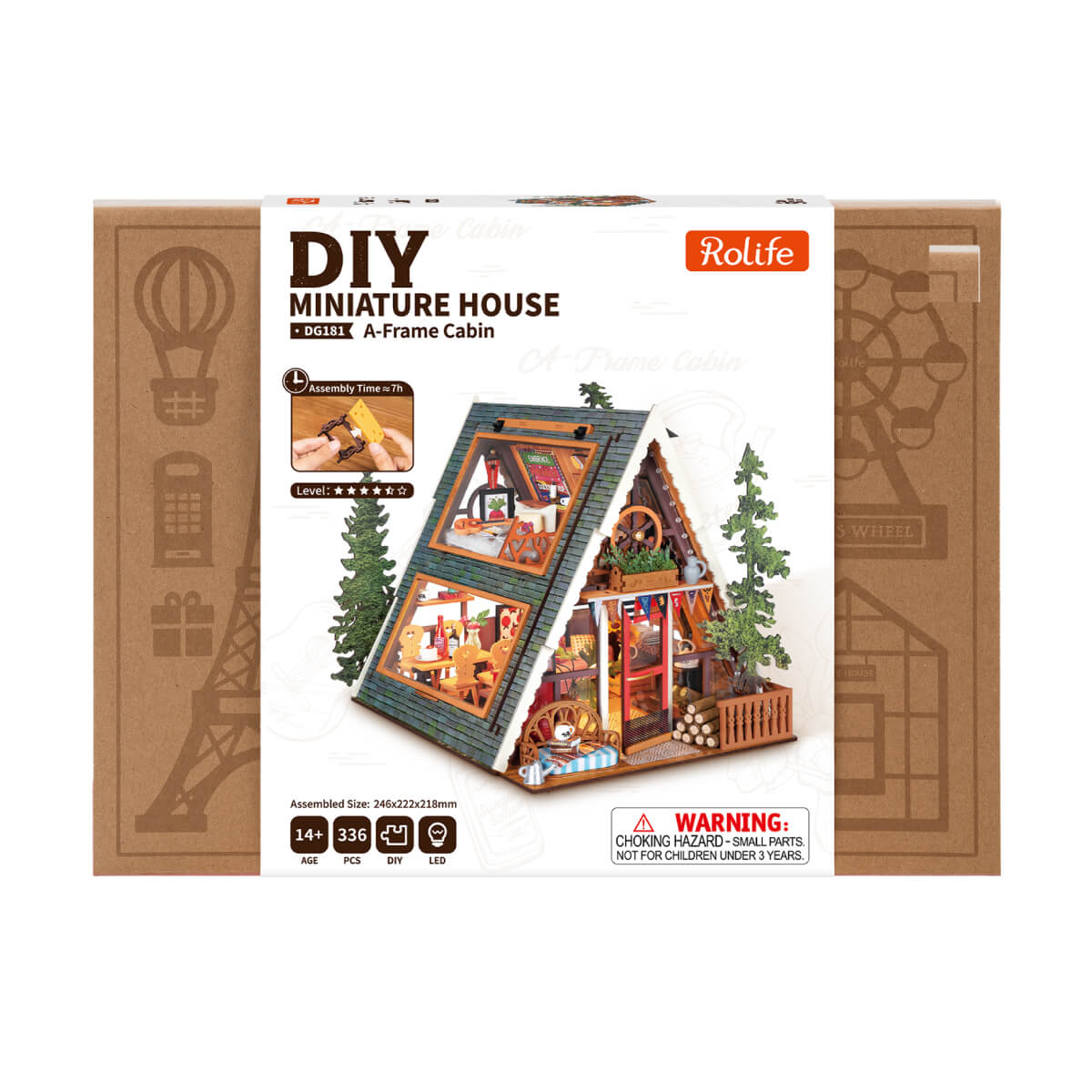 Rolife A-Frame Cabin Miniature House DG181 DIY miniature house kit, side view highlighting structure and scale