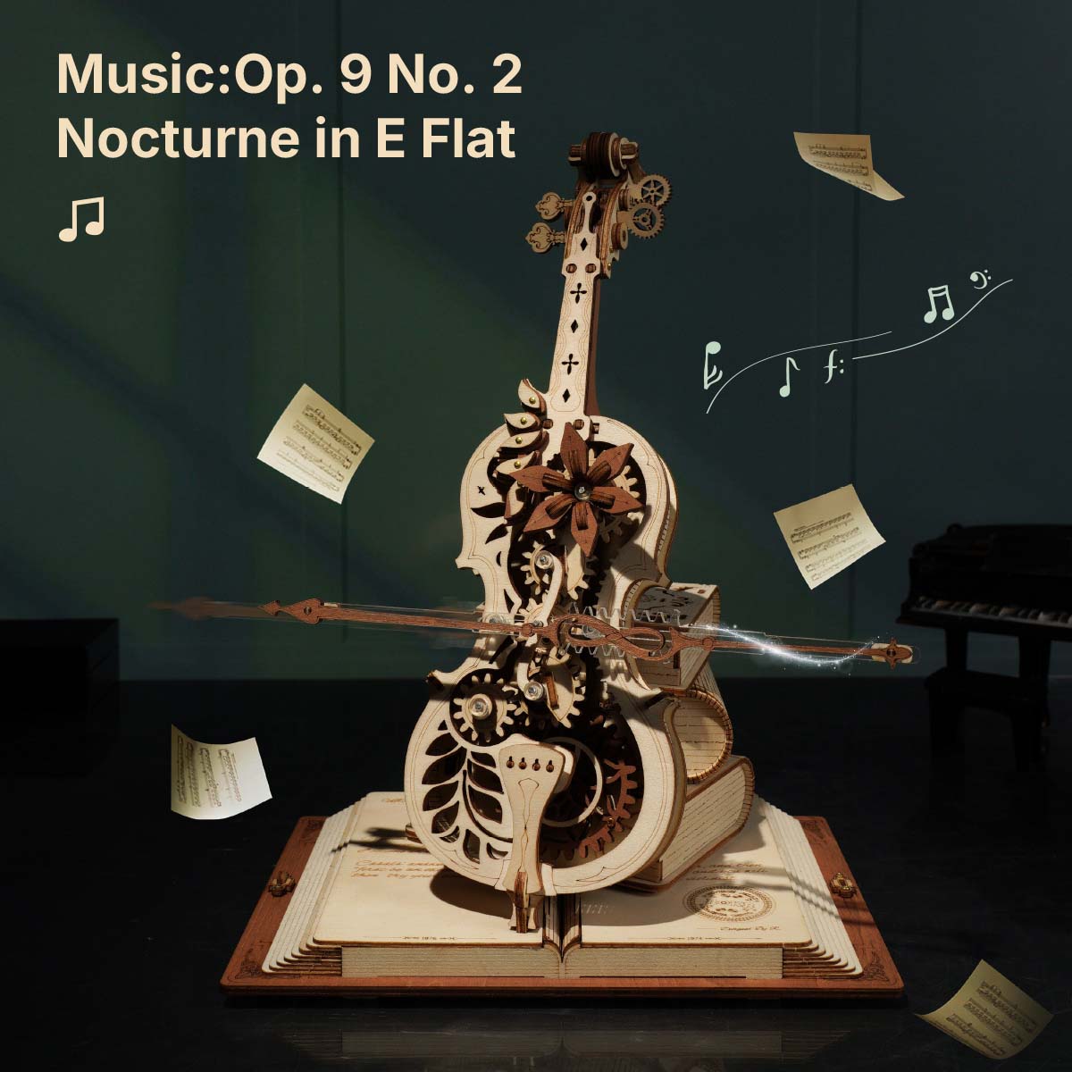 ROKR Magic Cello AMK63 wooden puzzle displayed with music notation showing Op 9 No 2 Nocturne in E Flat with floating sheet music papers