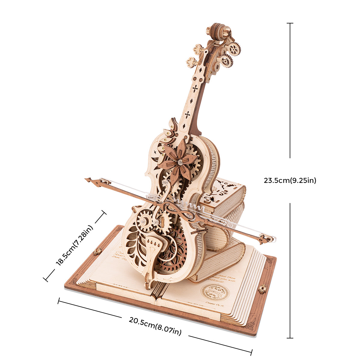 ROKR Magic Cello AMK63 mechanical music box showing assembled dimensions 20.5 by 18.5 by 23.5 cm with the open book base and gear mechanism