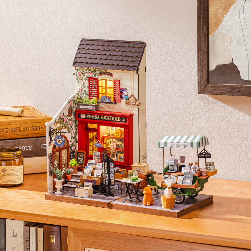 Rolife Aromatic Coffee Cart Miniature House DG182 DIY miniature house kit, detail of decorative elements and finish