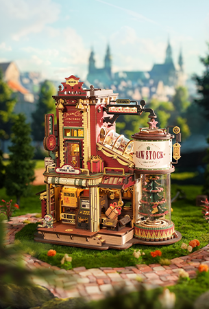 Robotime Art and Craft category tile, Rolife candy shop miniature house in a fantasy town setting, rich autumn colors