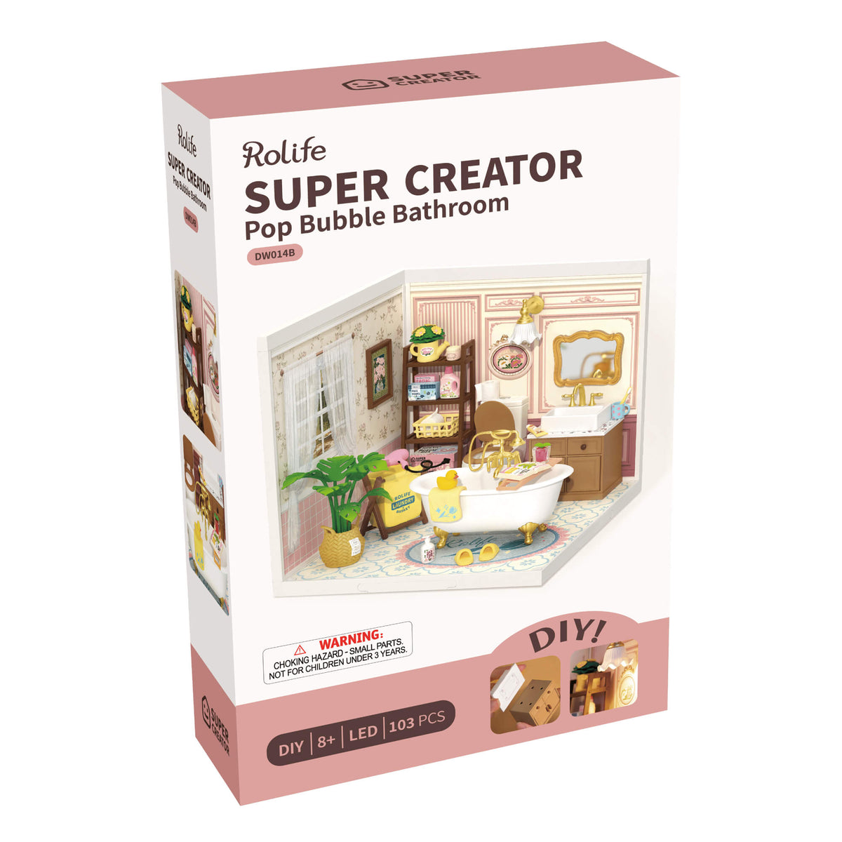 Rolife Pop Bubble Bathroom Super Creator kit box showing the completed pink miniature bathroom with gold-footed tub and dimension callouts on white.