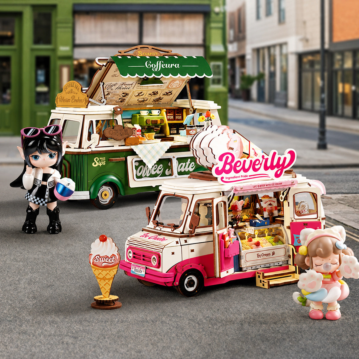 Rolife Leo's Coffee Truck and Beverly's Ice Cream Truck wooden vans with figurines on cobblestone street scene