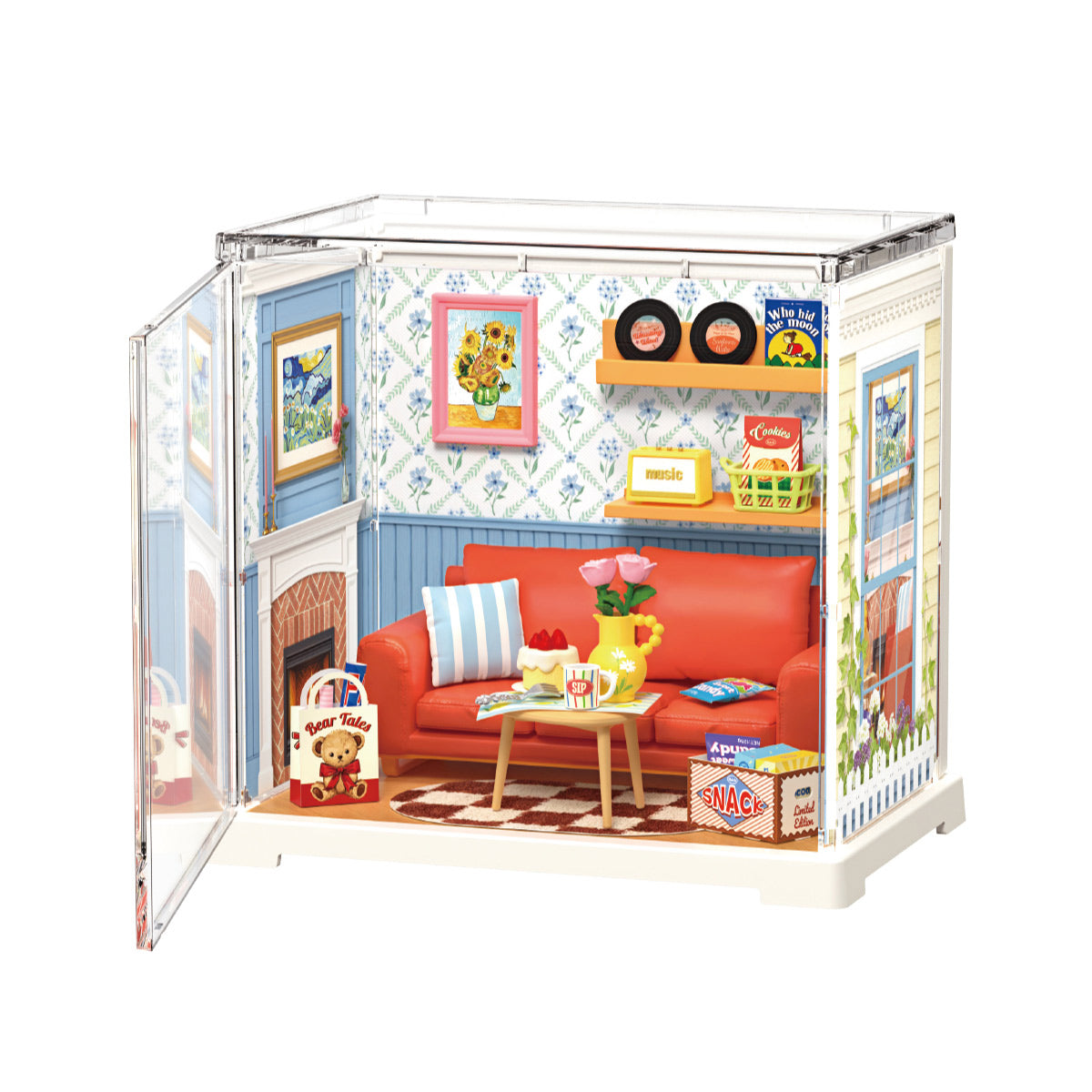 Rolife Country Blue Lounge Miniature House DWS05B DIY miniature house kit, product front view on neutral background