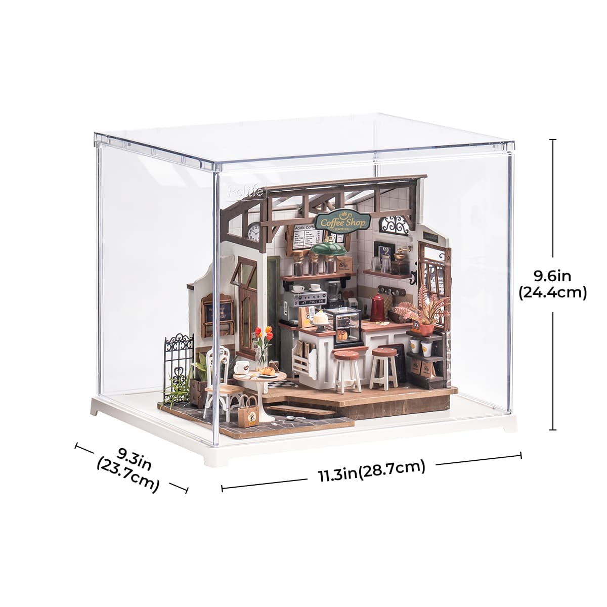 Rolife cafe display box shows the miniature shop under a clear case with dimensions.
