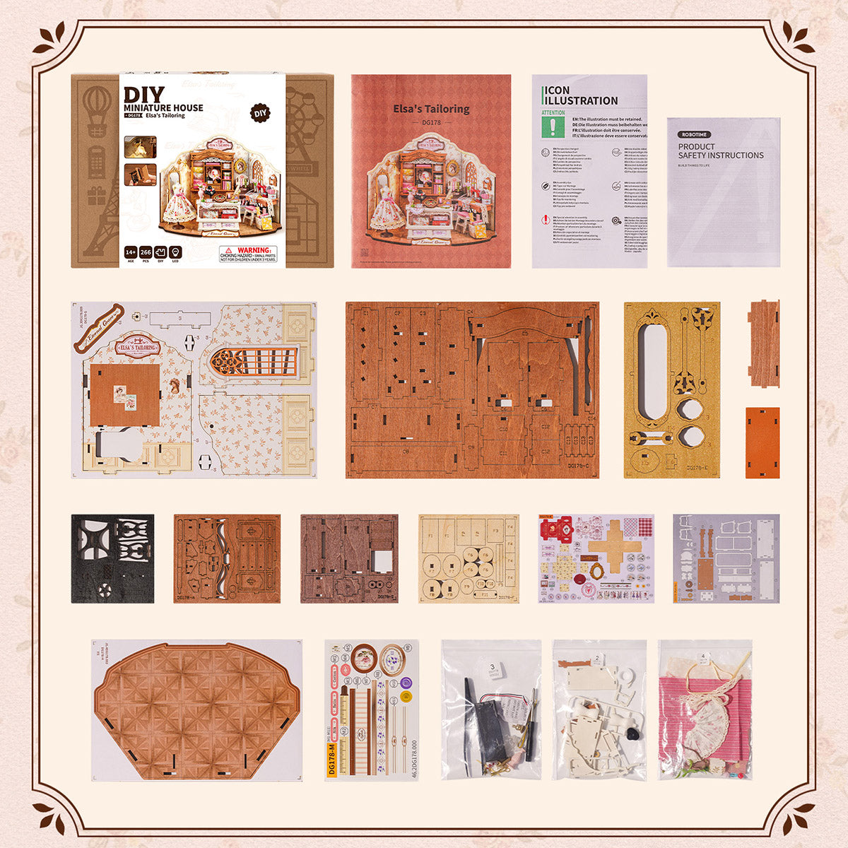 Rolife Elsa's Tailoring DG178 DIY miniature house flat lay showing retail box, wooden part sheets and sewing accessory pieces