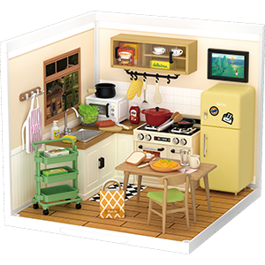 A Rolife Happy Meals Kitchen DIY miniature house DW008 product shot showing a warm cozy yellow kitchen with all furniture and appliances included