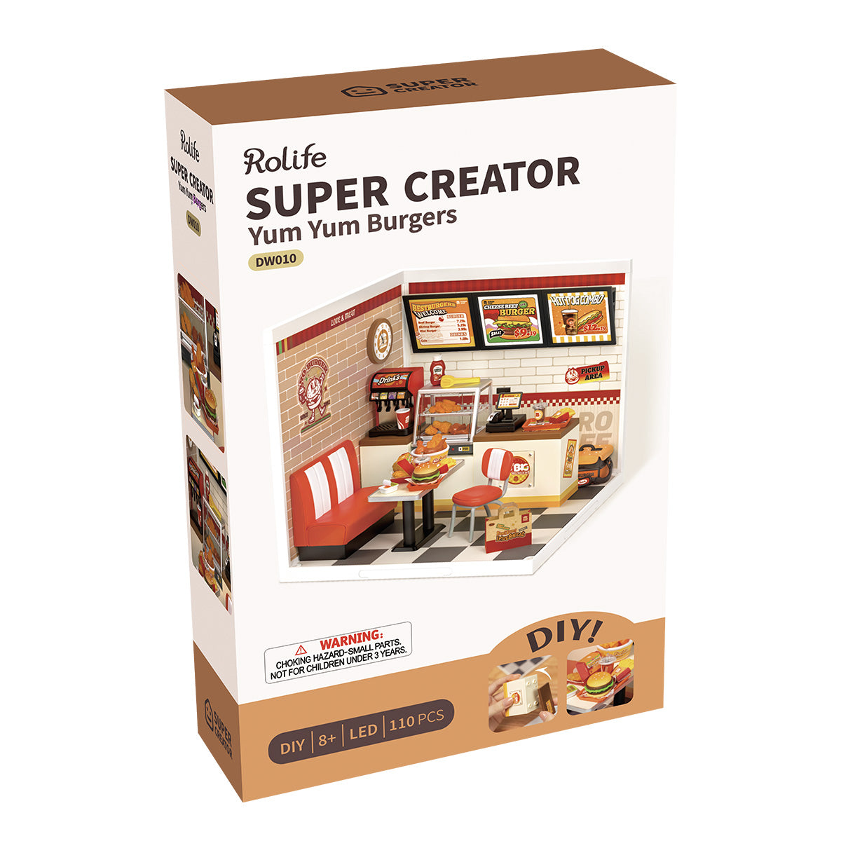 Rolife Yum Yum Burgers DW010 Super Creator miniature packaging box showing retro American fast food diner with checkered floor and menu board