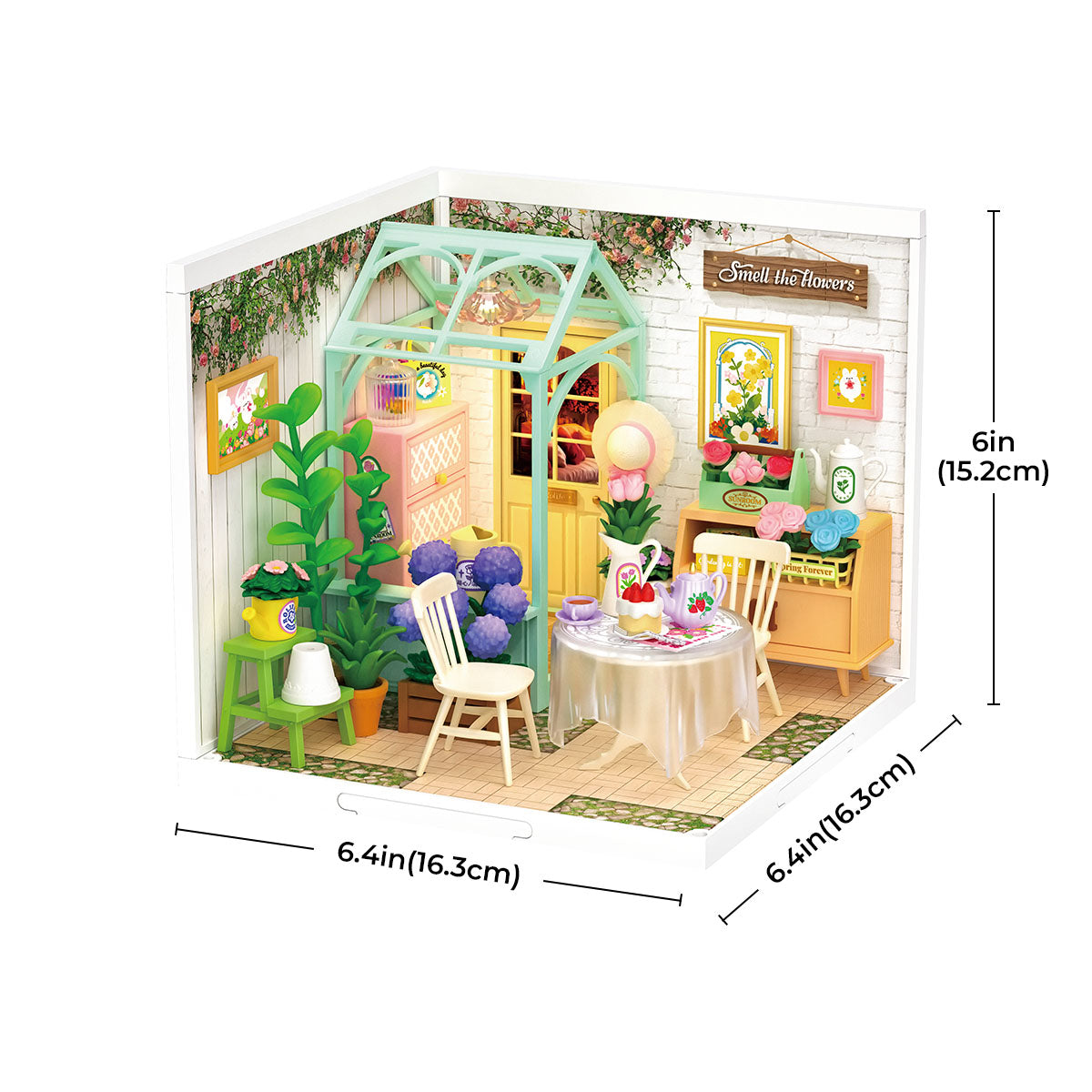 Rolife Blooming Tea Garden miniature room with labeled width, depth and height dimensions