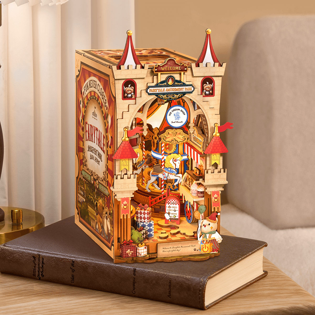 Rolife Fairytale Amusement Park Book Nook TGB17 3D wooden puzzle model, detail of decorative elements and finish