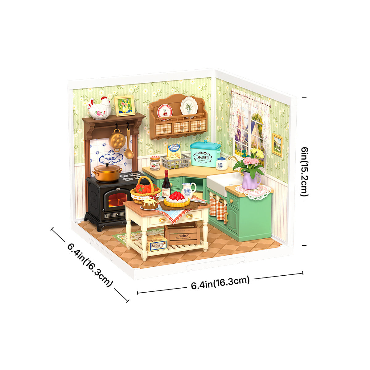 Rolife Farmhouse Kitchen DW024 isometric view with white dimension annotations showing 6.4 by 6.4 by 6 inches on a white background