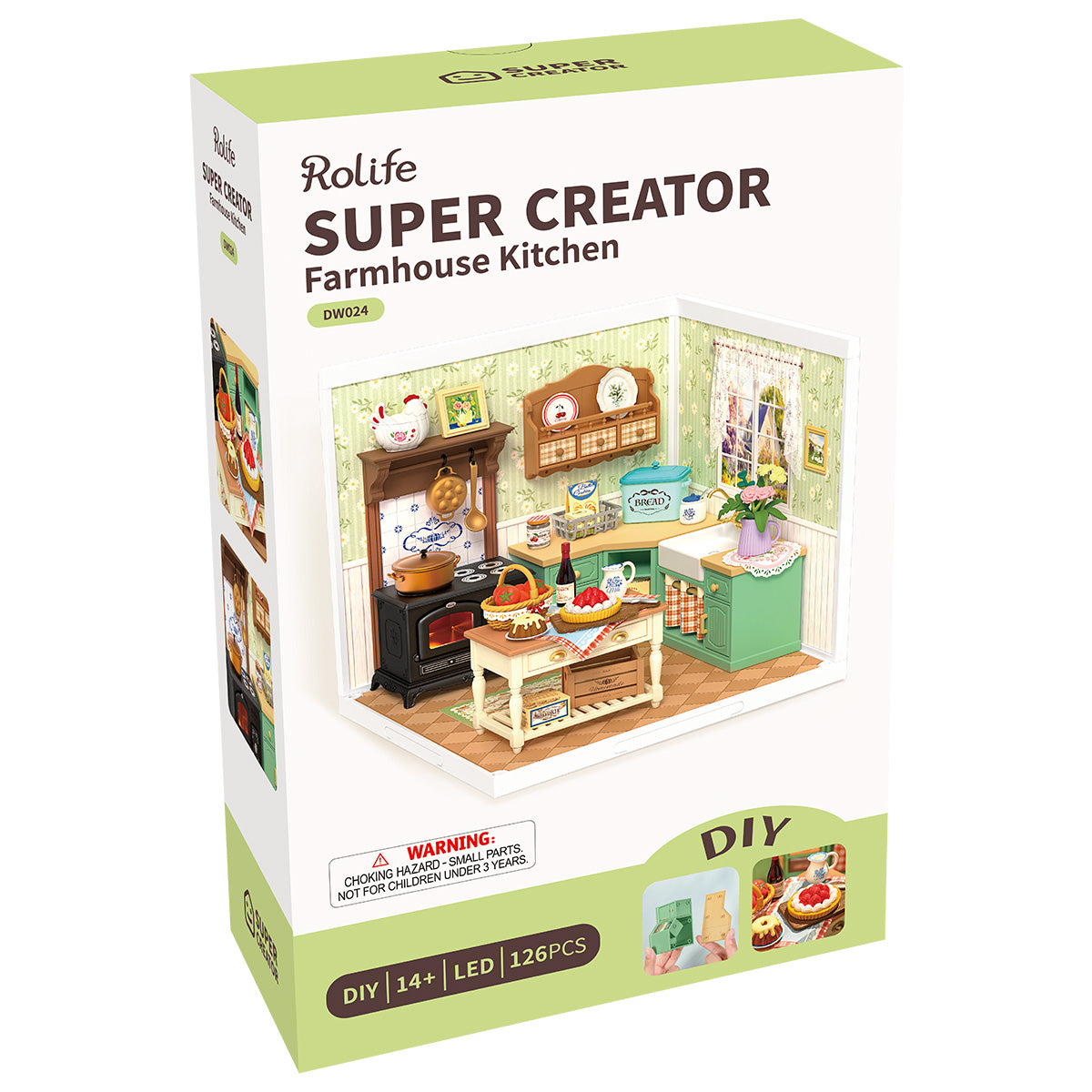 Rolife Super Creator Farmhouse Kitchen DW024 retail box showing the country kitchen interior scene with green cabinetry and black iron stove