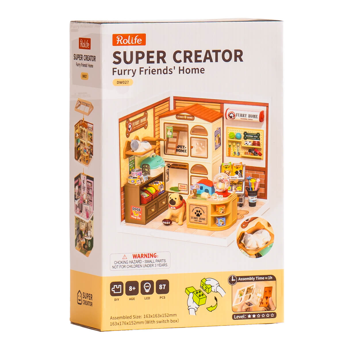 Rolife Furry Friends' Home Miniature House DW027 DIY miniature house kit, styled lifestyle scene with model assembled