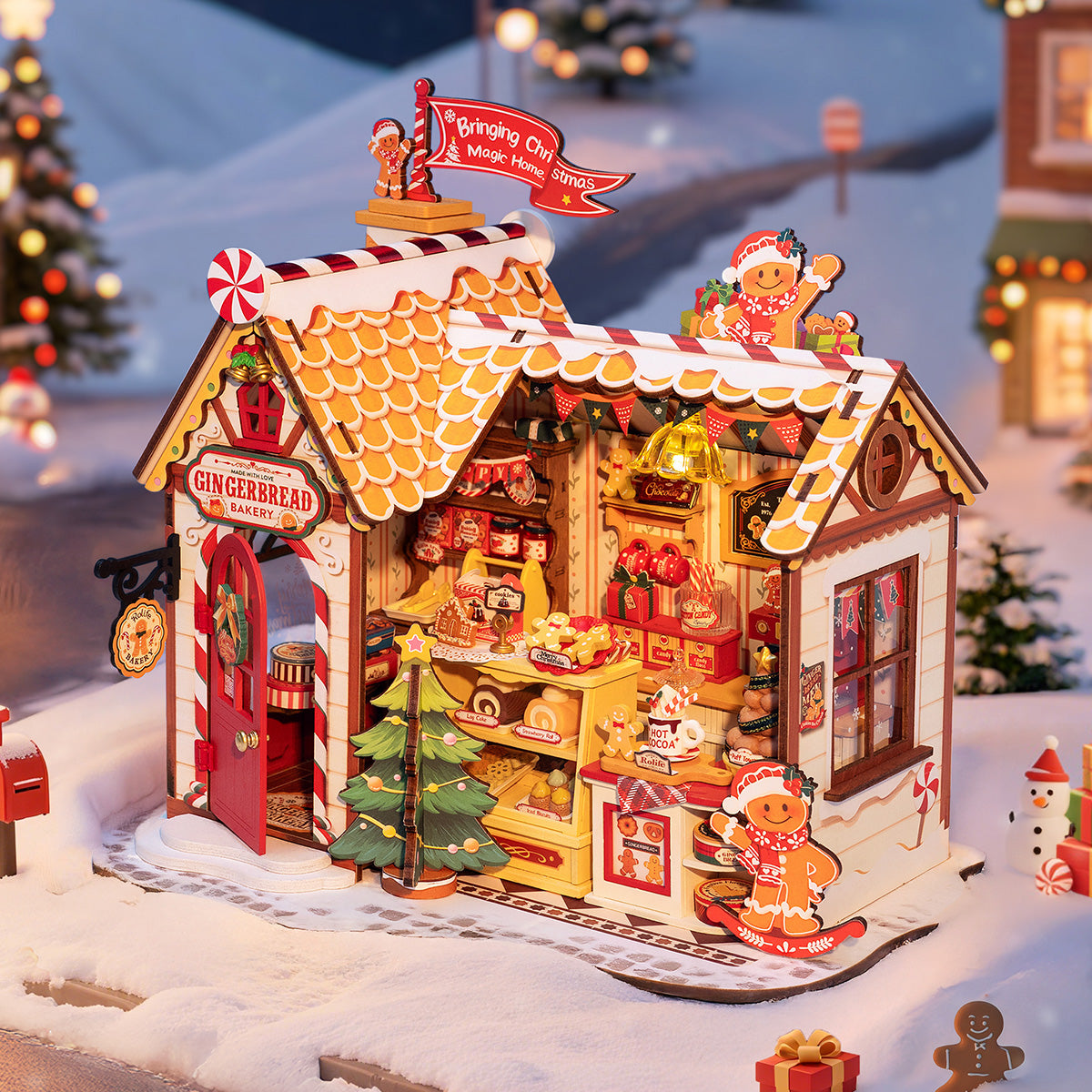 Rolife Gingerbread House Miniature House DG176 DIY miniature house kit, angled view showing detail and craftsmanship