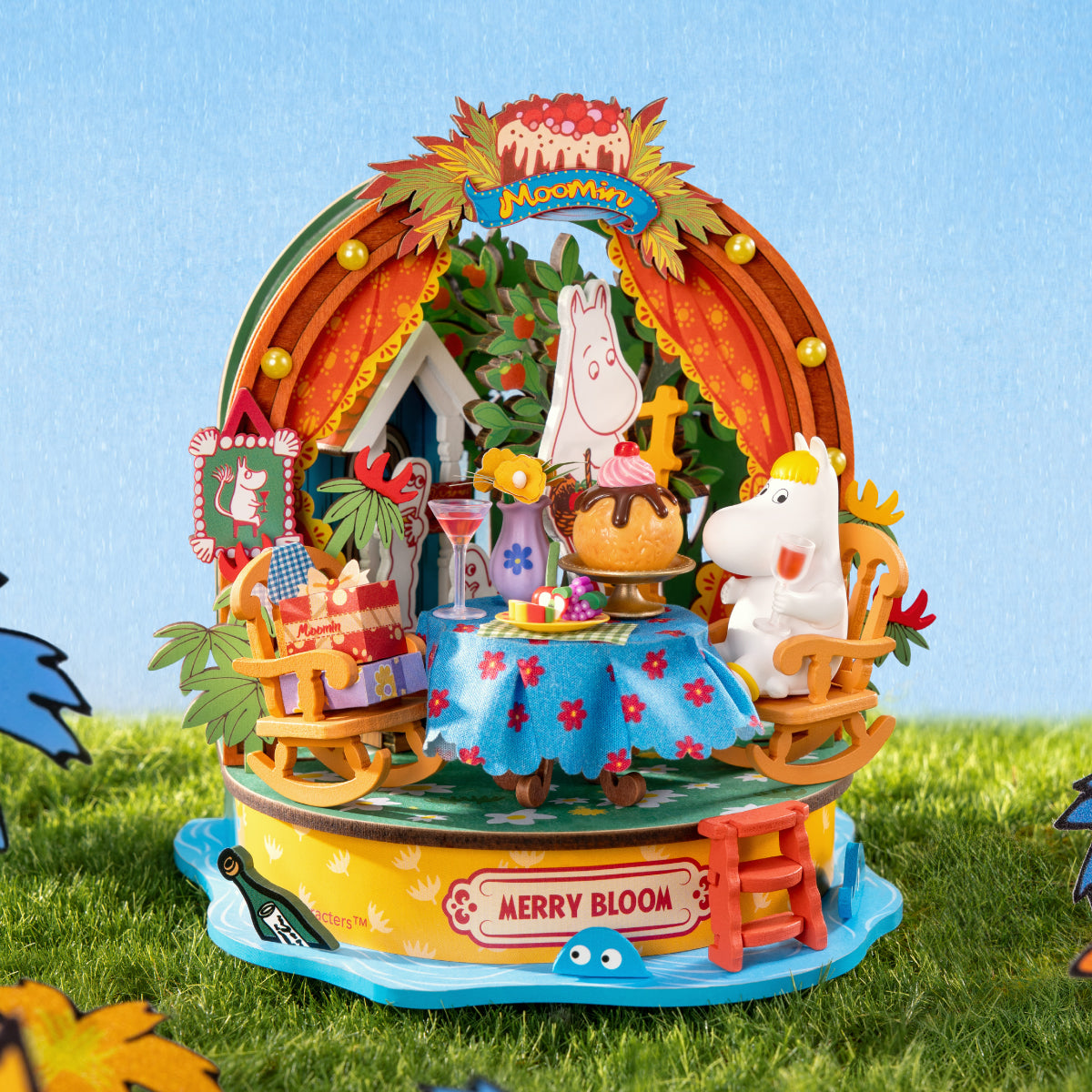 Rolife Snorkmaiden Garden Party model with Moomin characters around a floral table