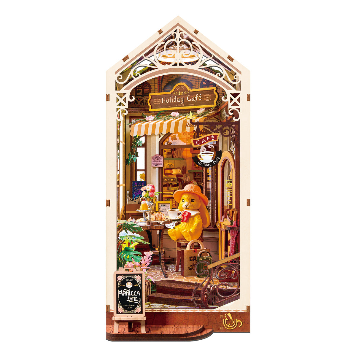 Rolife Holiday Cafe Book Nook Kit TGB15 3D wooden puzzle model, product front view on neutral background