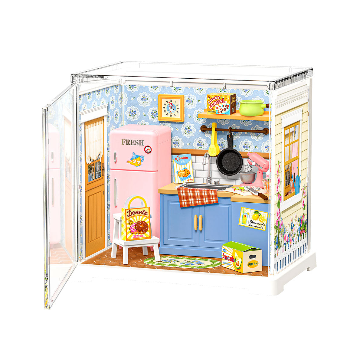 Rolife Homely Baking Kitchen Miniature House DWS08B DIY miniature house kit, product front view on neutral background