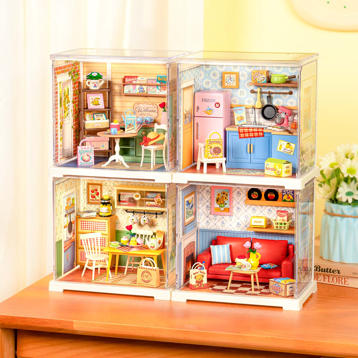 Rolife Homely Baking Kitchen Miniature House DWS08B DIY miniature house kit, close-up of interior components and accessories