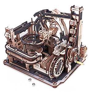 ROKR Marble Spaceport Marble Run LGC01, space-themed marble run tower in natural wood tones on a white background