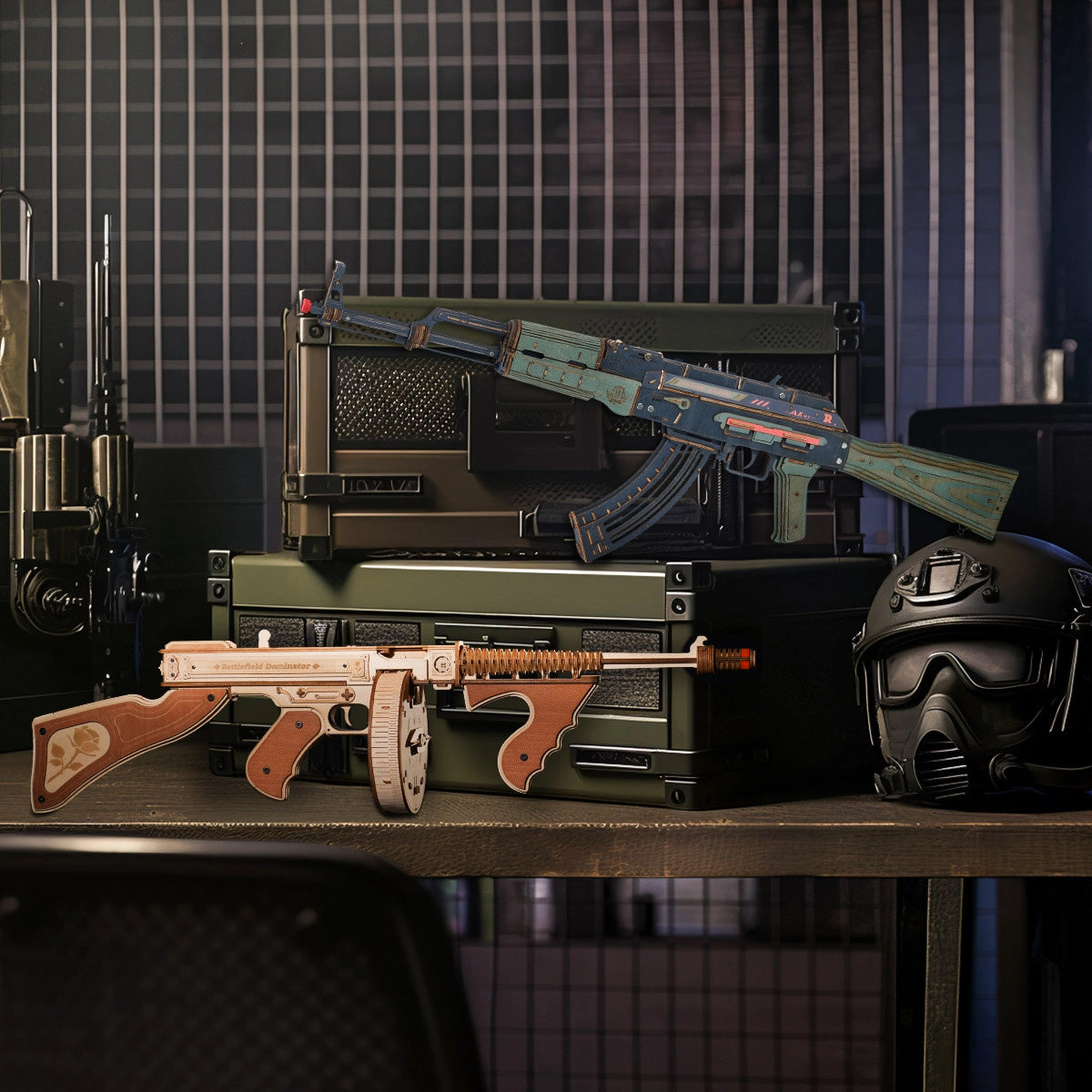 ROKR AK-47 Assault Rifle Toy Gun LQ901 and Thompson LQB01 wooden puzzle replicas displayed on military ammo crates beside a tactical helmet, blue painted AK and natural wood Thompson