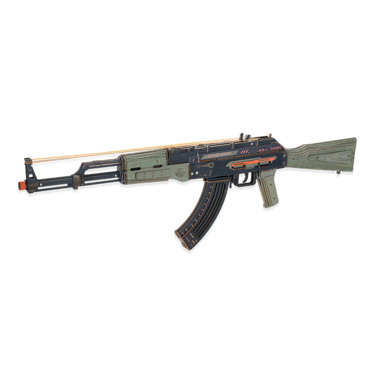 ROKR AK-47 Assault Rifle Toy Gun LQ901 3D wooden puzzle, front view on a neutral background