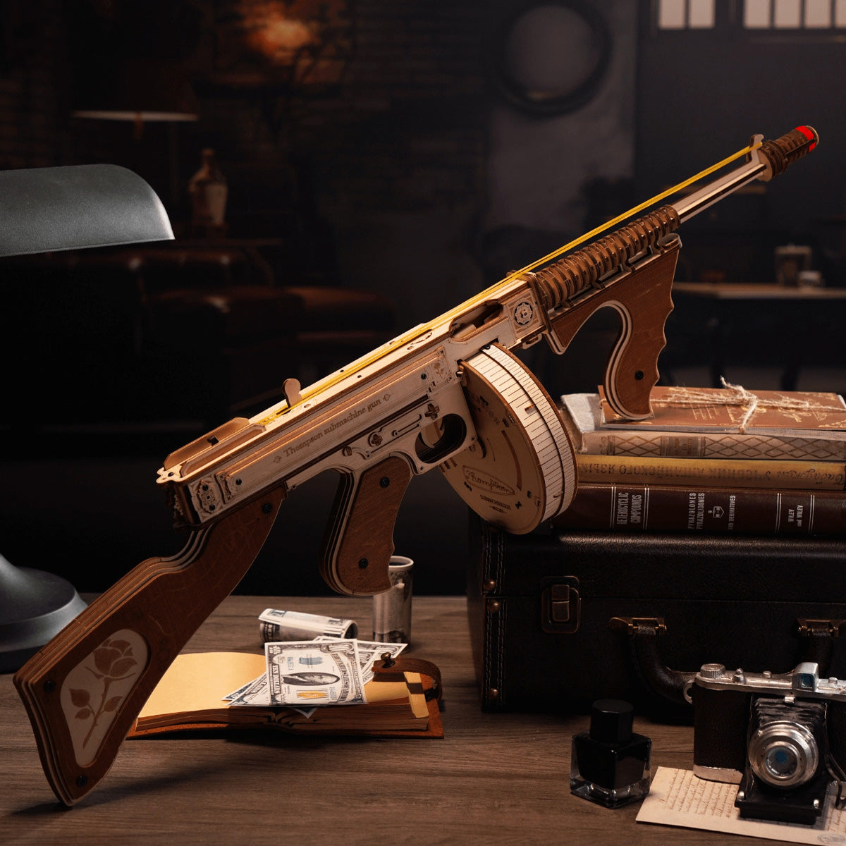 ROKR, Thompson Submachine Toy Gun, LQB01, 3D wooden toy gun puzzle, finished display