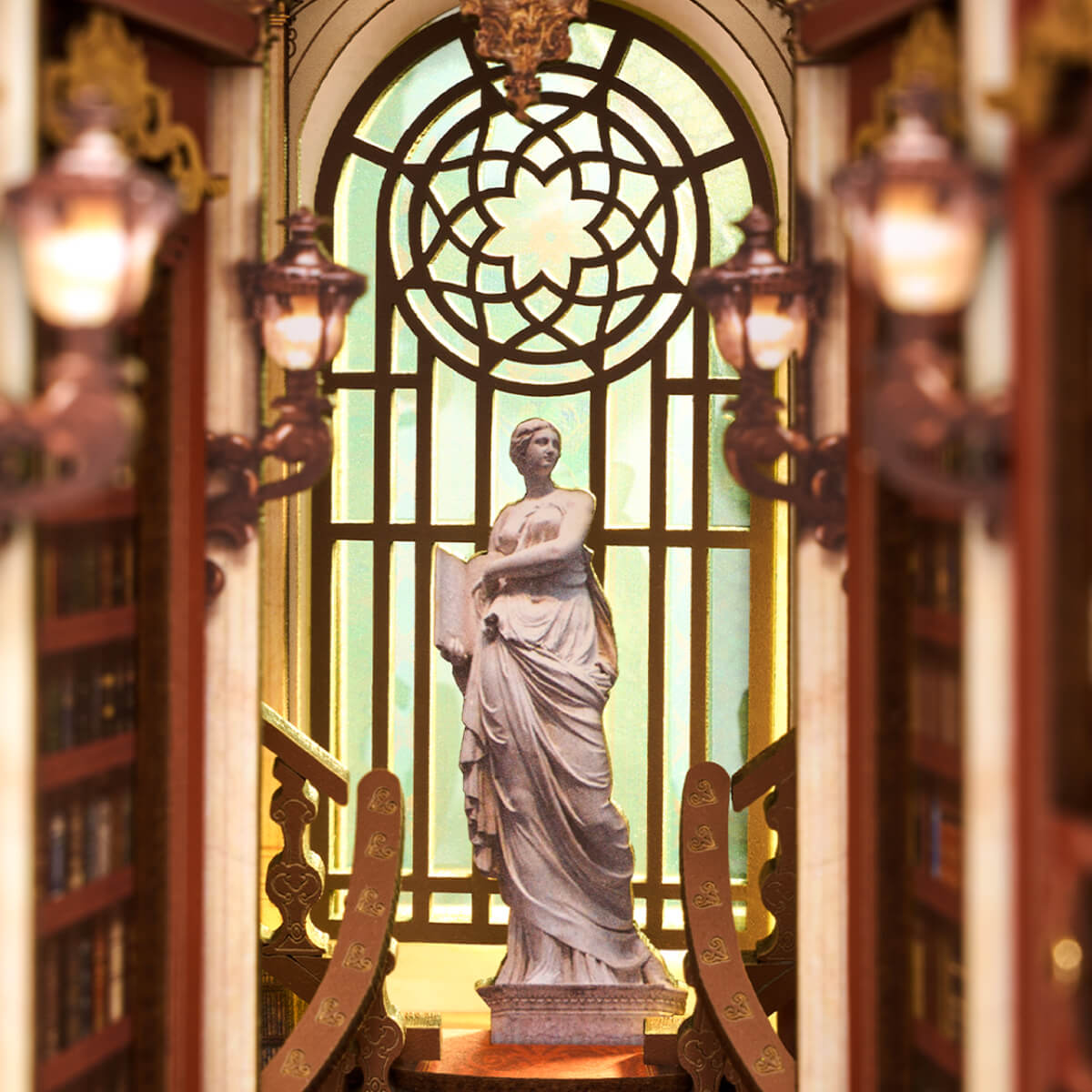 Rolife Library of Wonders Book Nook TGB16 3D wooden puzzle model, close-up of interior components and accessories