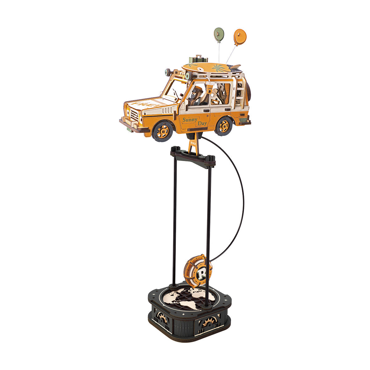 ROKR Road Tripper MCD03 white background product view showing the full orange wooden station wagon with balloon antennas balanced on pendulum