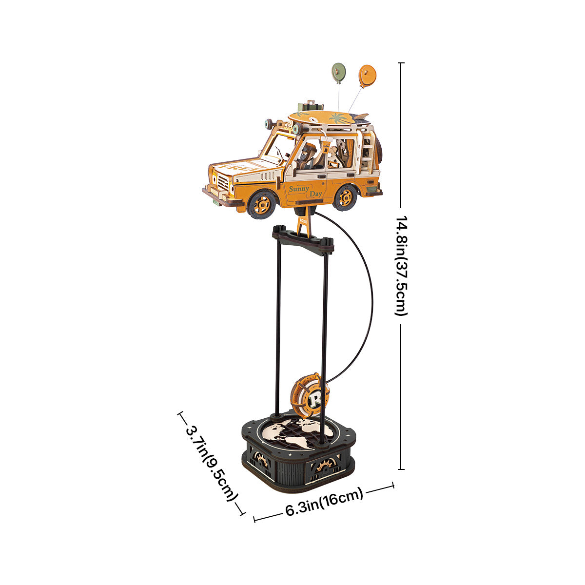 ROKR Road Tripper Gravity Swing MCD03 full dimension diagram showing 14.8 in tall orange wooden SUV with surfboard and balloons on world-map pendulum stand