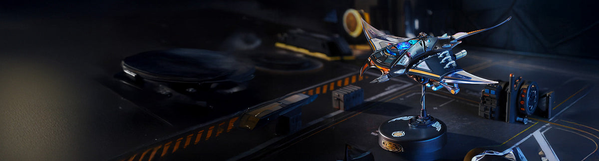 ROKR Manta Ray MI06 PC banner, dark mechanical manta ray with blue LED accent and wingspan detail on a sci-fi hangar backdrop
