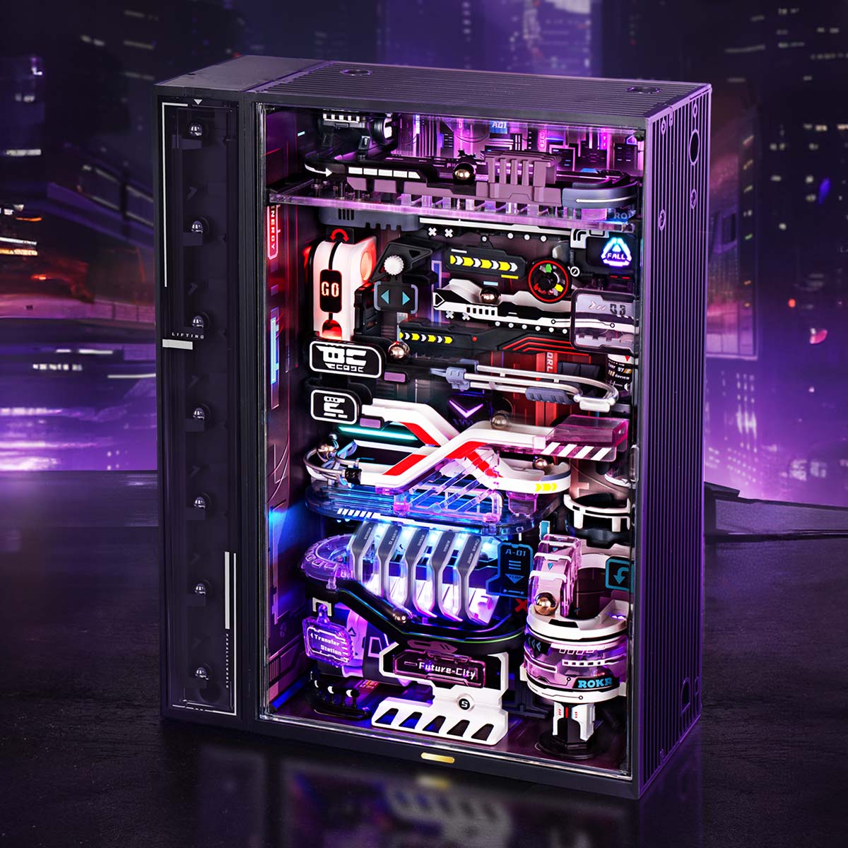 ROKR Parallel World Marble Run MR01S angled view of the purple Future City cabinet with glowing teal and pink marble track channels visible inside